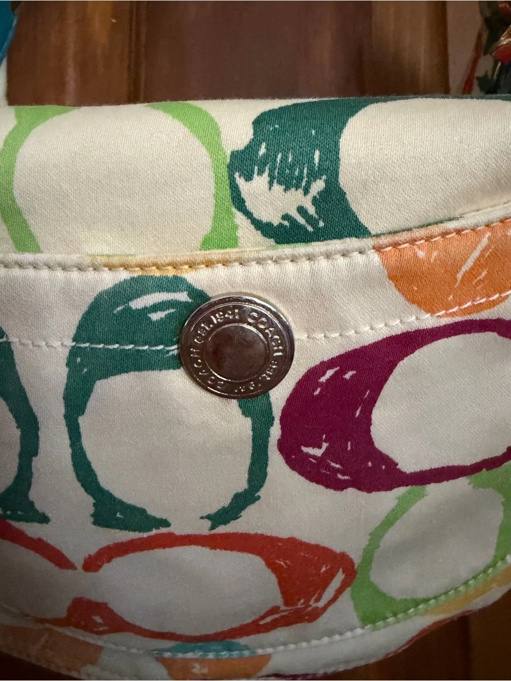Coach Multicolor Canvas Shoulder Bag with Teal Trim
